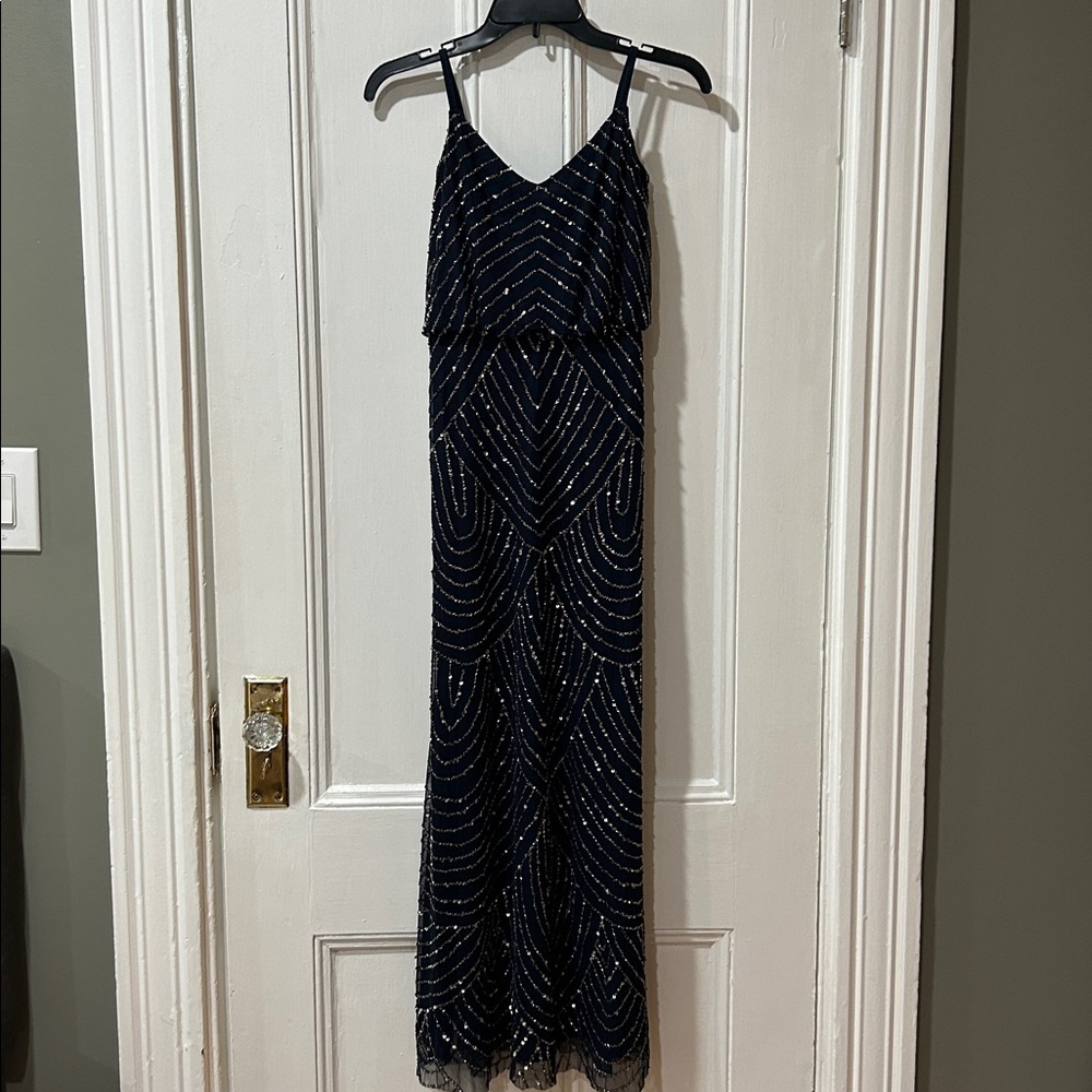 Adrianna Papell Navy Long Blouson Beaded Dress 0